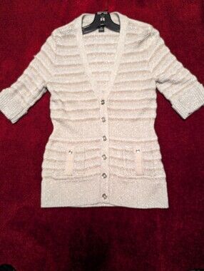 A Sweater Button Down With V Neck.  Beige And Gold With Sparkling Gold Thread